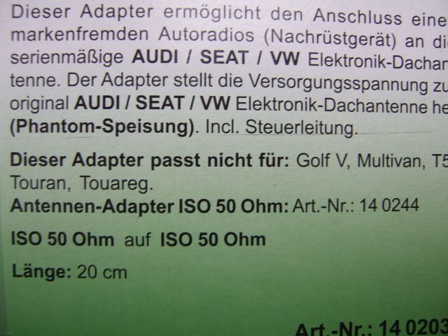 Antennen Adapter für AUDI SEAT VW 20cm Autoradio ISO 50 Ohm in Berlin