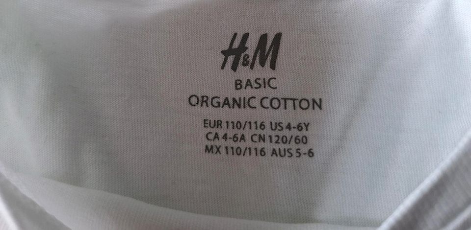 1a Zustand! H&M Basic T-Shirt Gr. 110 / 116,  Bio Baumwolle weiß in Regensburg