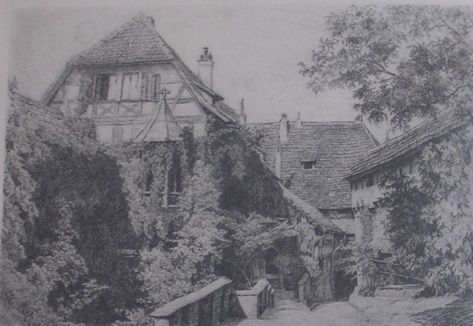 Innenhof der Wartburg b. Eisenach Fachwerkhaus Bild Stich gerahmt in Marburg