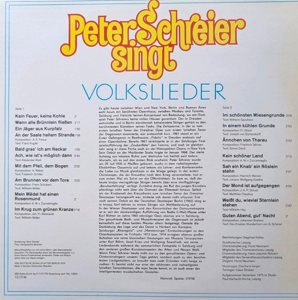 Vinyl Schallplatte Peter Schreier singt Volkslieder 1976 in Leipzig