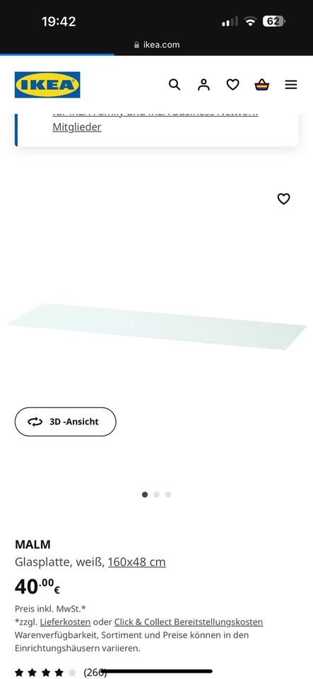Ikea Malm Glasplatte weiß 160x48 cm in Gießen