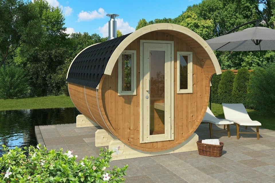 Saunafass 330 cm Fasssauna Thermoholz Saunakabine Sauna Fass in Hahn am See