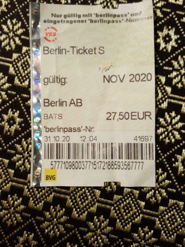 Berlin-Ticket S November  2020 Ohne eingetragene Kundennummer in Berlin