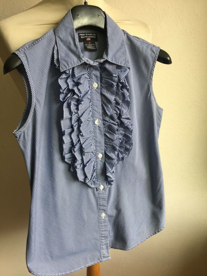 RALPH LAUREN elegante Sommer Bluse Rüschen-Ausschnitt Gr. S Blau in Plochingen