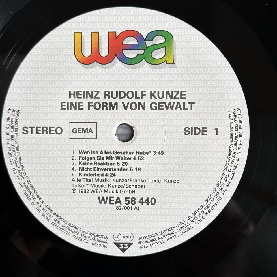 LP – HEINZ RUDOLF KUNZE – EINE FORM VON GEWALT in Hamburg