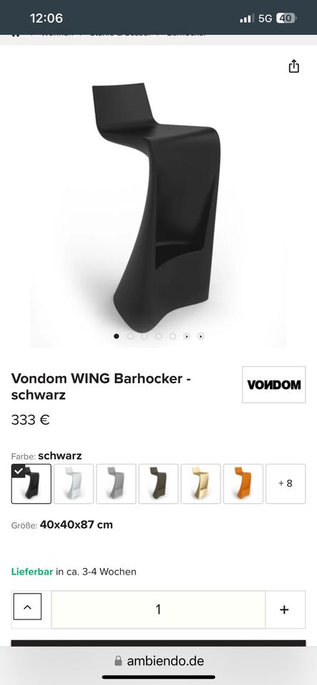 Barhocker Hocker Vondom Wing schwarz in Bad Wünnenberg