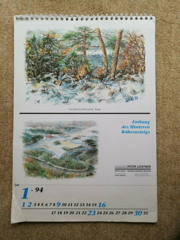 Kalender 1994 mit Zeichungen von Willi Forner und Wanderwegen in Schleiz