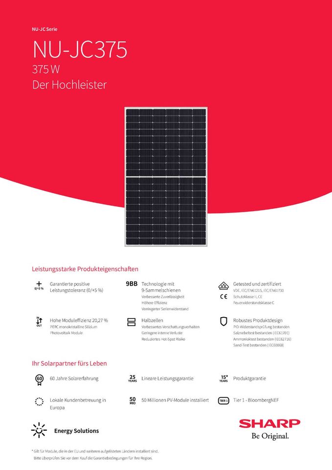 SOLARPANEL Solarmodul  PV MODUL SOLAR Anlage SHARP NU-JC  375W in Büdingen