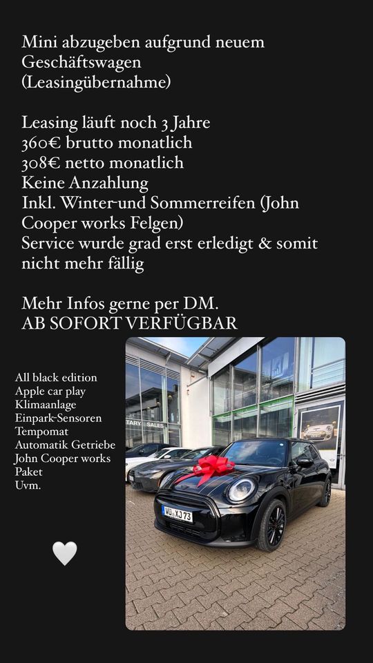 Mini Cooper Leasingübern. 366€ Brutto inkl. Winter/Sommerreifen in Offenbach