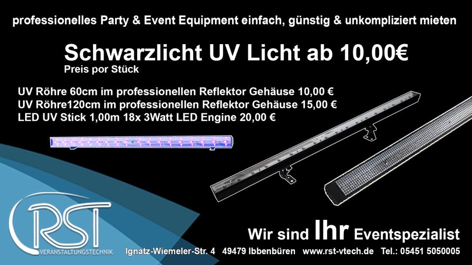 UV Schwarzlicht LED Röhre vers. Größen Partylicht mieten in Ibbenbüren