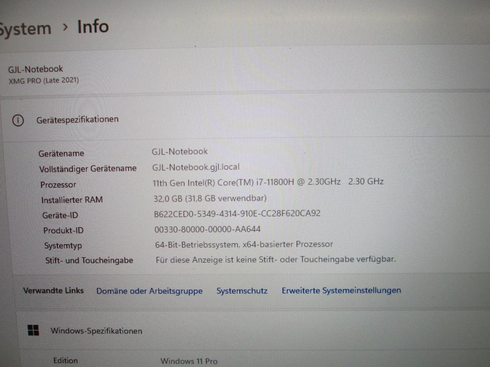 GJL20: Laptop XMG Pro 17 (Late 21) i7 2,3GHZ 32GB RAM Win11 952GB in Plauen