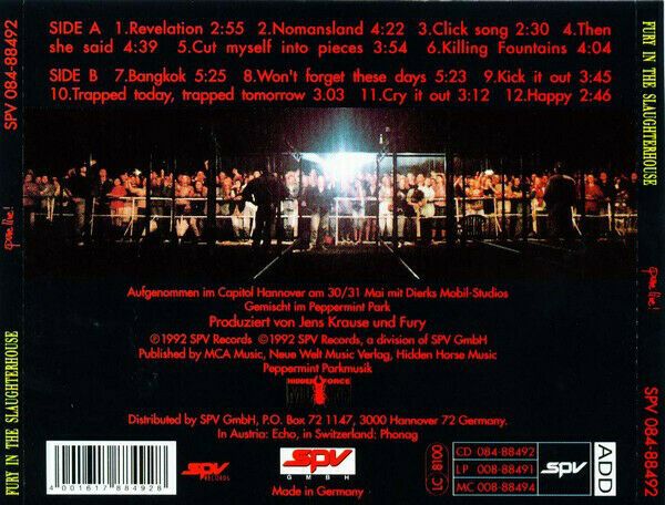 FURY IN THE SLAUGHTERHOUSE – PURE LIVE! - CD - 1992 in Hamburg