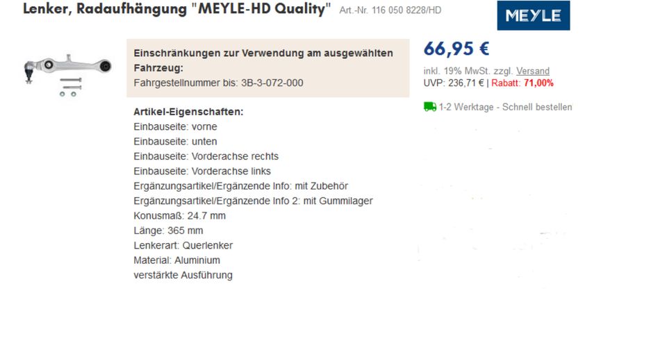 Meyle HD Querlenker A4, A6, A8, Passat; Artikel-Nr.116050 8228/HD in Schloß Holte-Stukenbrock