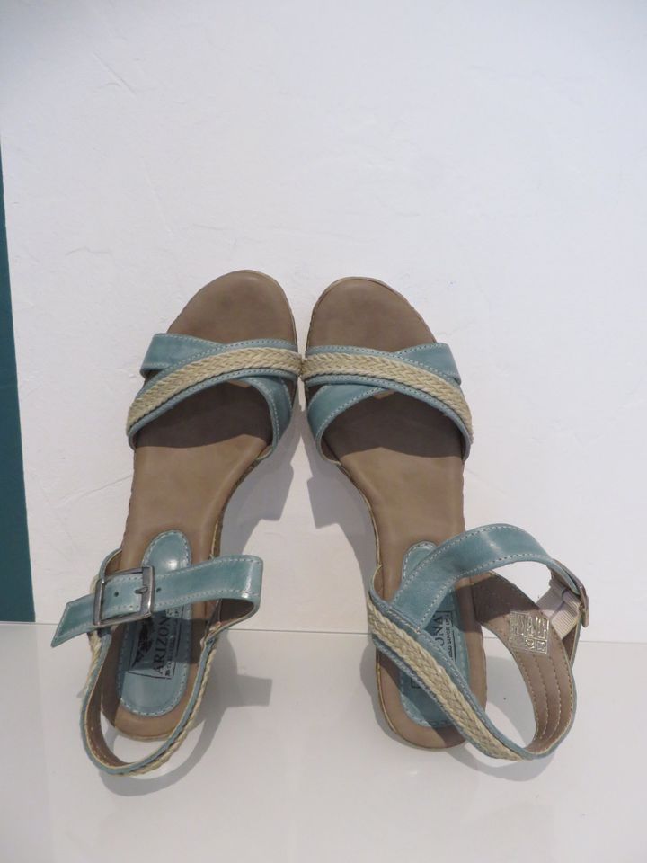 „ARIZONA“ Keil Sandalette blau/türkis – beige/natur Gr. 41 NEU + in Grevenbroich