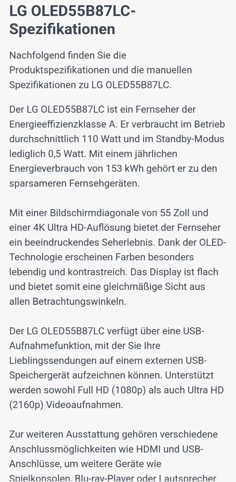 LG Fernseher OLED55B87LC Energieklasse A in Wiesbaden