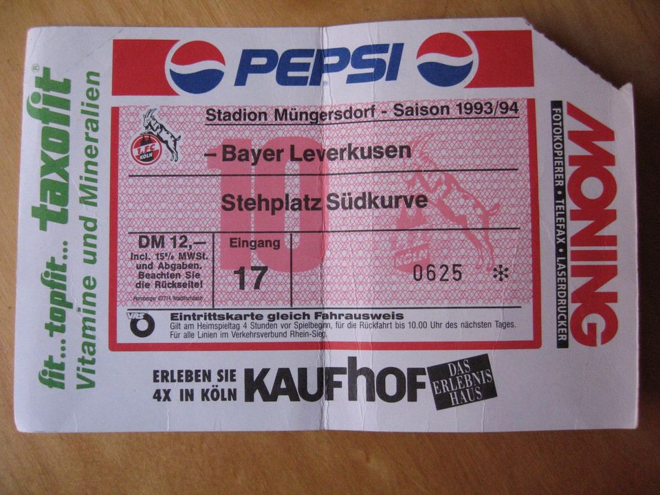 Altes Ticket 1. FC Köln Leverkusen 1993/94 Südkurve Müngersdorf in Niederzier