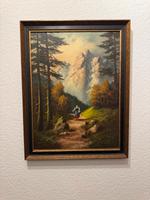 Bild Gemälde Wanderin im Wald Berge mit Rahmen - H. Crellwitz ‘78 Bayern - Germering Vorschau