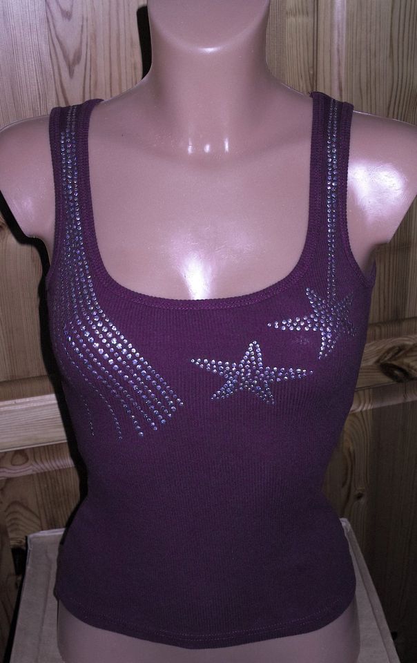 neuw Fishbone Tank Top*XS 34*dunkel-lila*Glitzer Pailetten Sterne in Oy-Mittelberg