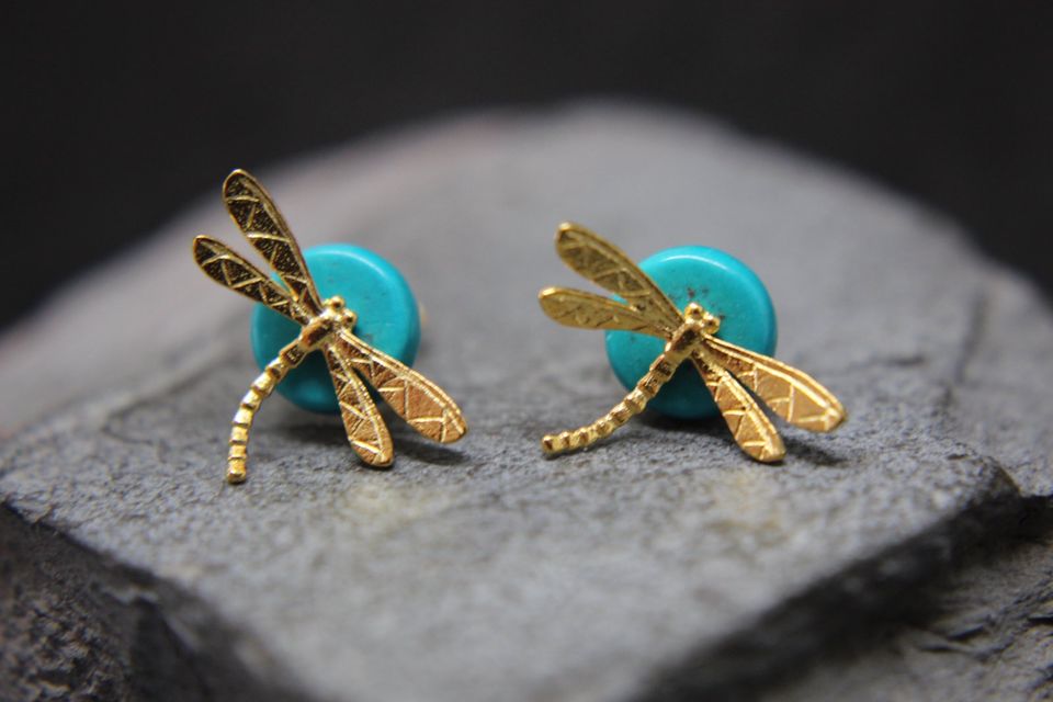 Libellen Ohrringe aus 925 Silber vergoldet mit Türkis in Geisingen