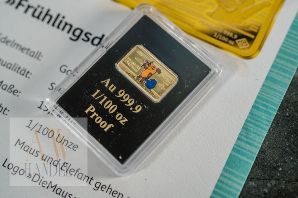 1/100 oz Goldbarren 999,9 Gold „50 Jahre die Maus“ mit Zertifikat in Berlin