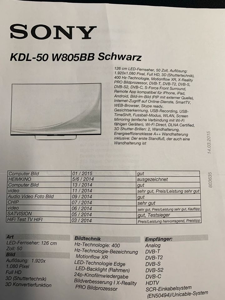 Sony KDL-50 W805BB Schwarz mit 3D Brillen in Langenau