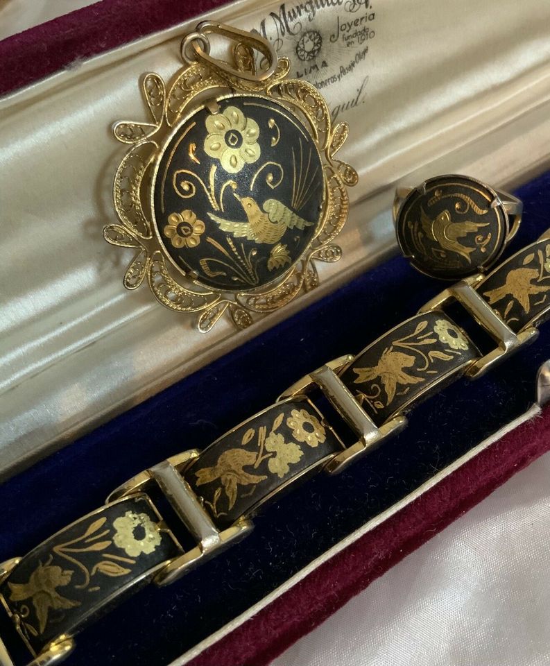 vintage damasziertes Schmuck vogel Toledo Armband Ring Anhänger in Kiebitzreihe