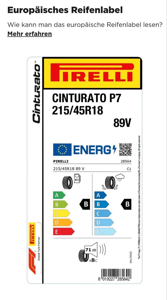 Sommerreifen 4x Pirelli Cinturato P7 215/45 R18 89V in Neuss