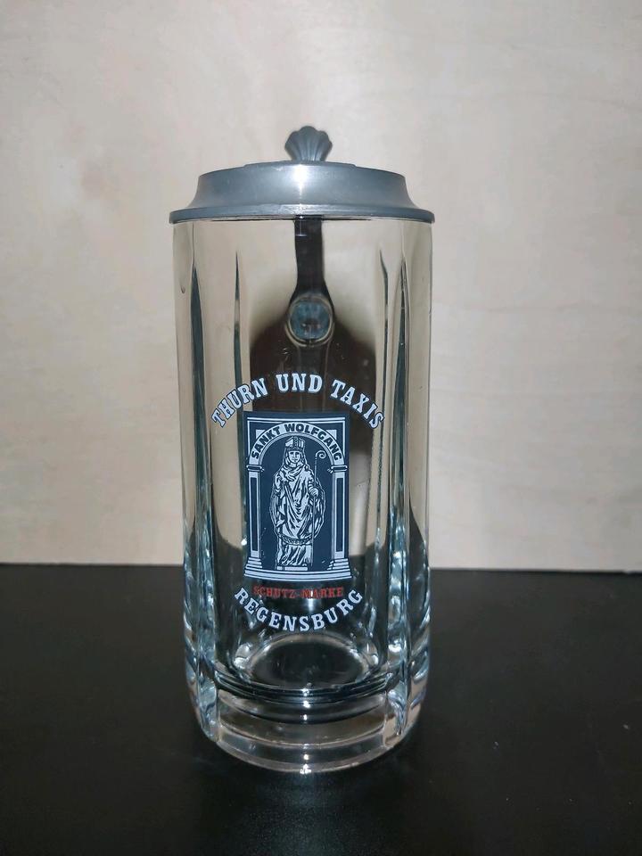 Bierkrug aus Glas mit Zinndeckel Thurn und Taxis 0.5l schwer in Meine