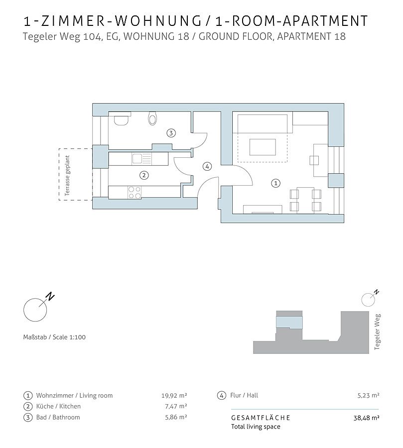 Hochwertig saniertes 1-Zimmer-Apartment mit Echtholzboden, Terrasse & hochmoderner Therme in Berlin