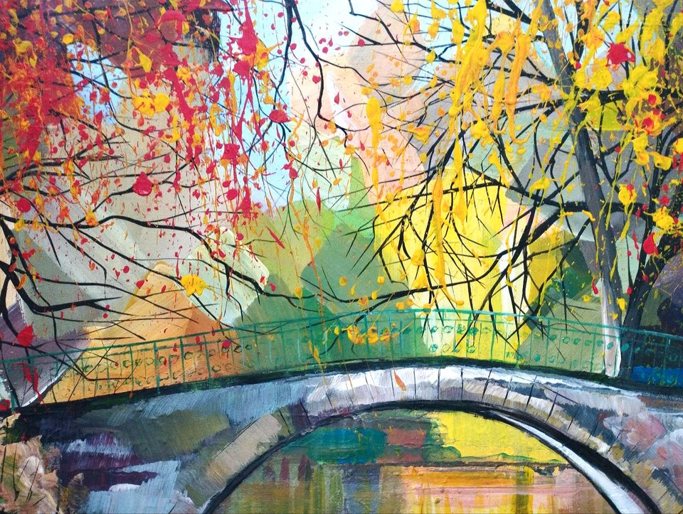 Wandbild Brücke im Herbst Acryl auf Leinwand 100x70 cm in Leipzig