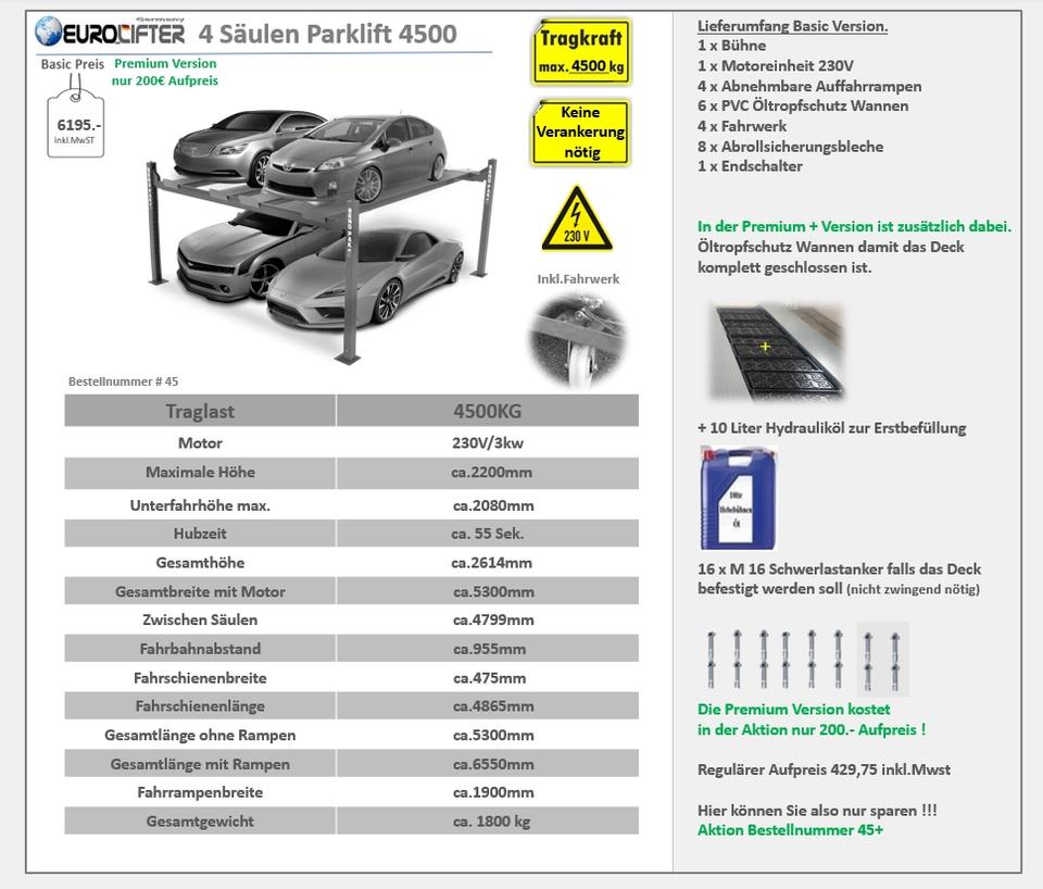 Parklift Doppelparker für 4 Fahrzeuge 4500kg  2200mm Hubhöhe in Ludwigsau