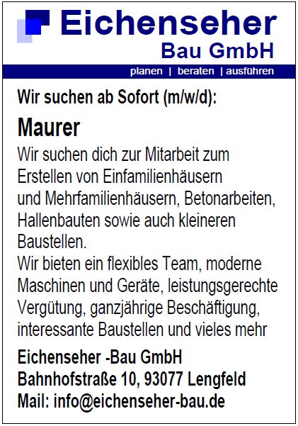 Wir suchen: Maurer (m/w/d) in Bad Abbach