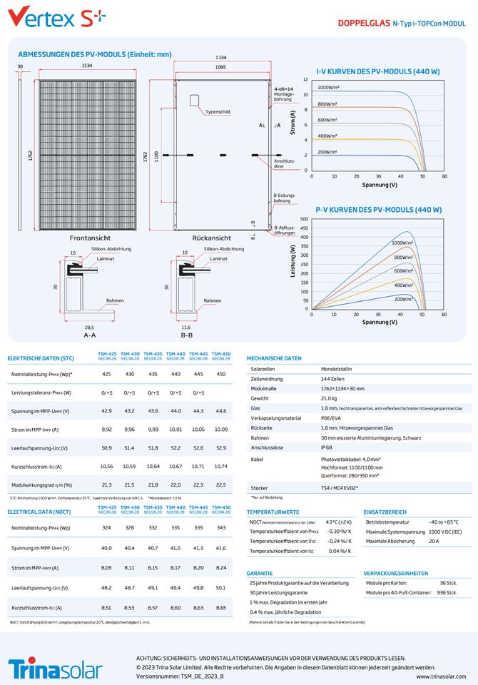 PV Solarmodule 450W Trina Vertex S+ TSM-450 NEG9R.28 (Glas-Glas) in Spechbach