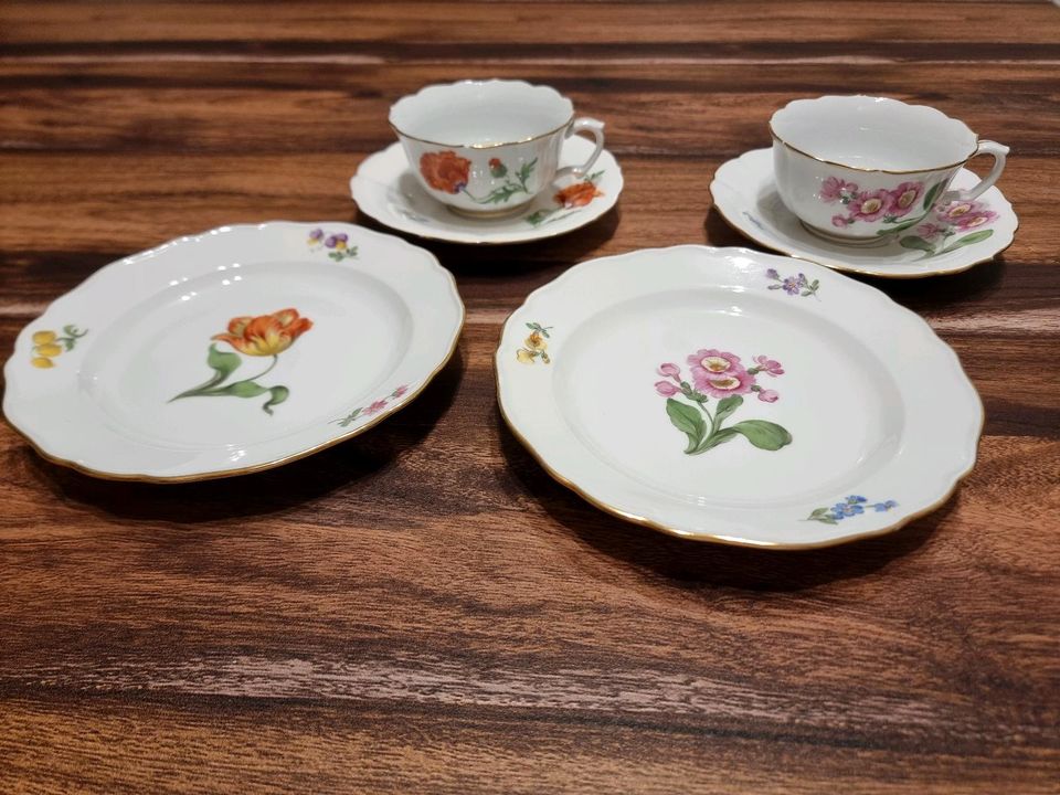 2x Meissen Porzellan Kaffeetasse Teller Blumen Kaffeeservice in Hoppegarten