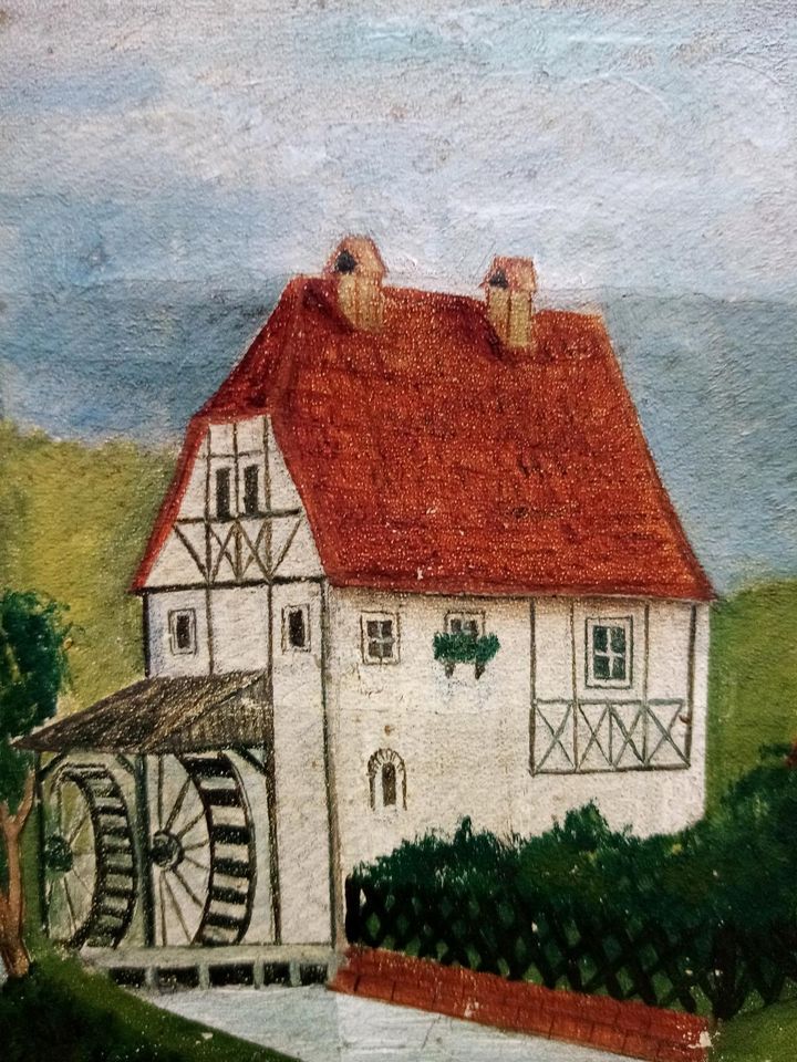 Miniatur Gemälde 1888 sig./dat. Bauernhaus Wasserrad & Kapelle in München