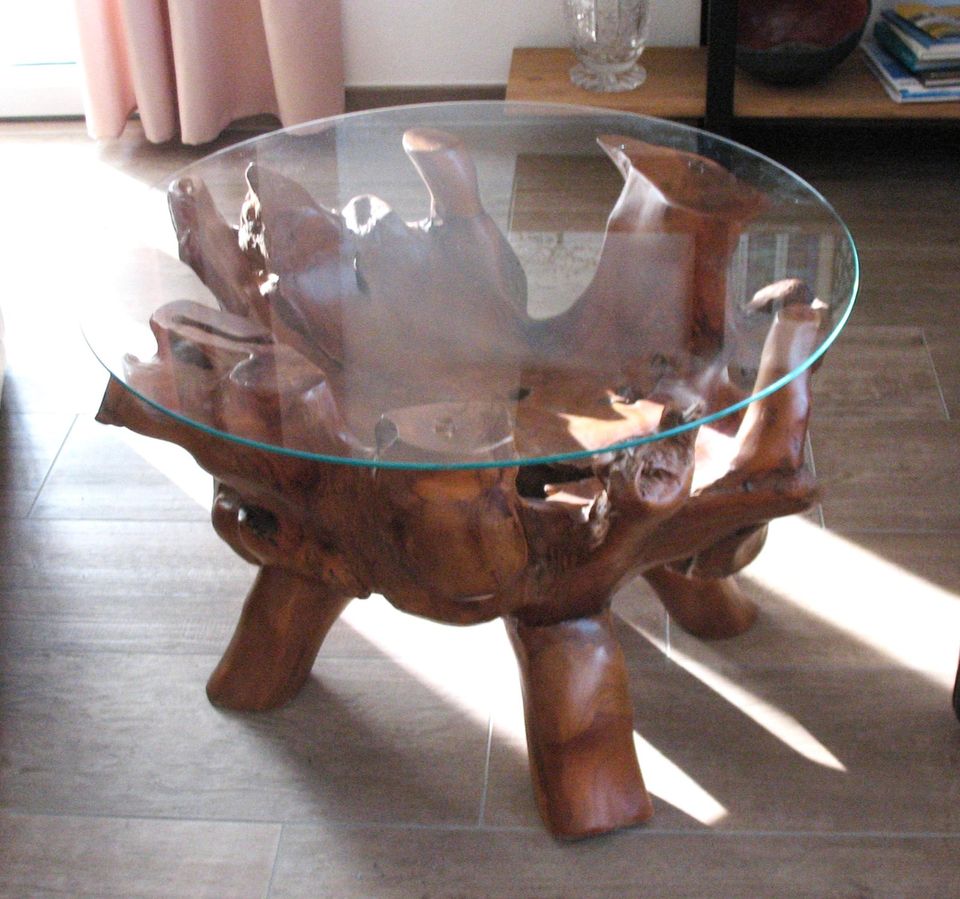 Ungewöhnlicher Wurzelholz Couch Tisch, Glas Teakholz Wurzel in Riegel