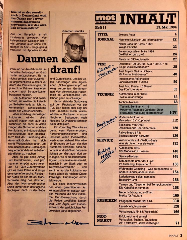 MOT die Auto Zeitschrift 11/1984 Lancia Aurelia Saab 990 Toyota in Essen