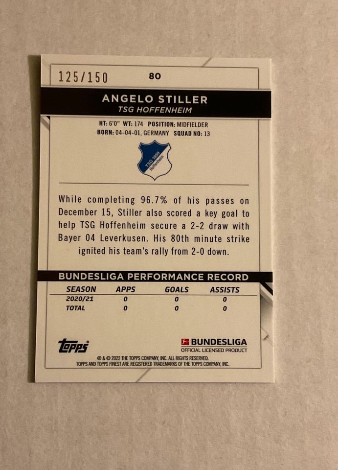 Topps Finest Angelo Stiller Rookie RC numbered nummeriert in Maxdorf