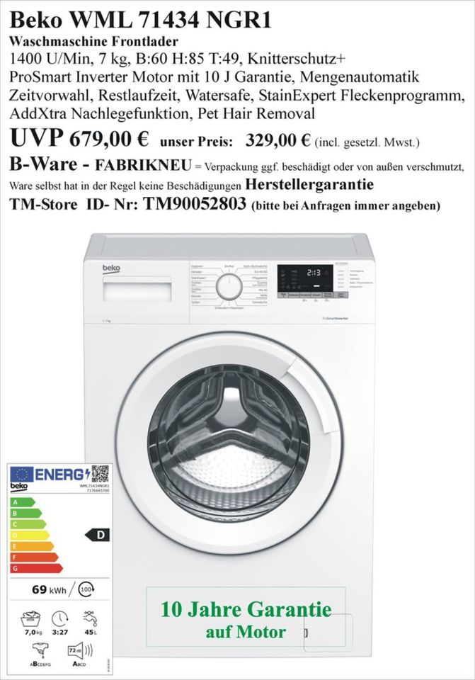 Waschmaschine NEU als B-Ware LG Samsung AEG Bosch Siemens Geratek Beko Gorenje Bauknecht Privileg Gewerbe Pension Gastro Pferde Decken Pferdedecken XXL Waschmaschiene Waschtrockner Raumspar groß in Wolfhagen 