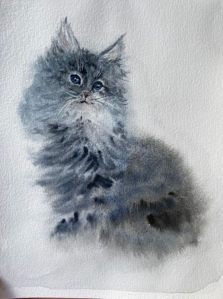 Aquarell Bild Kätzchen Kleine Katze 14.5x21cm Original Unikat in Berlin