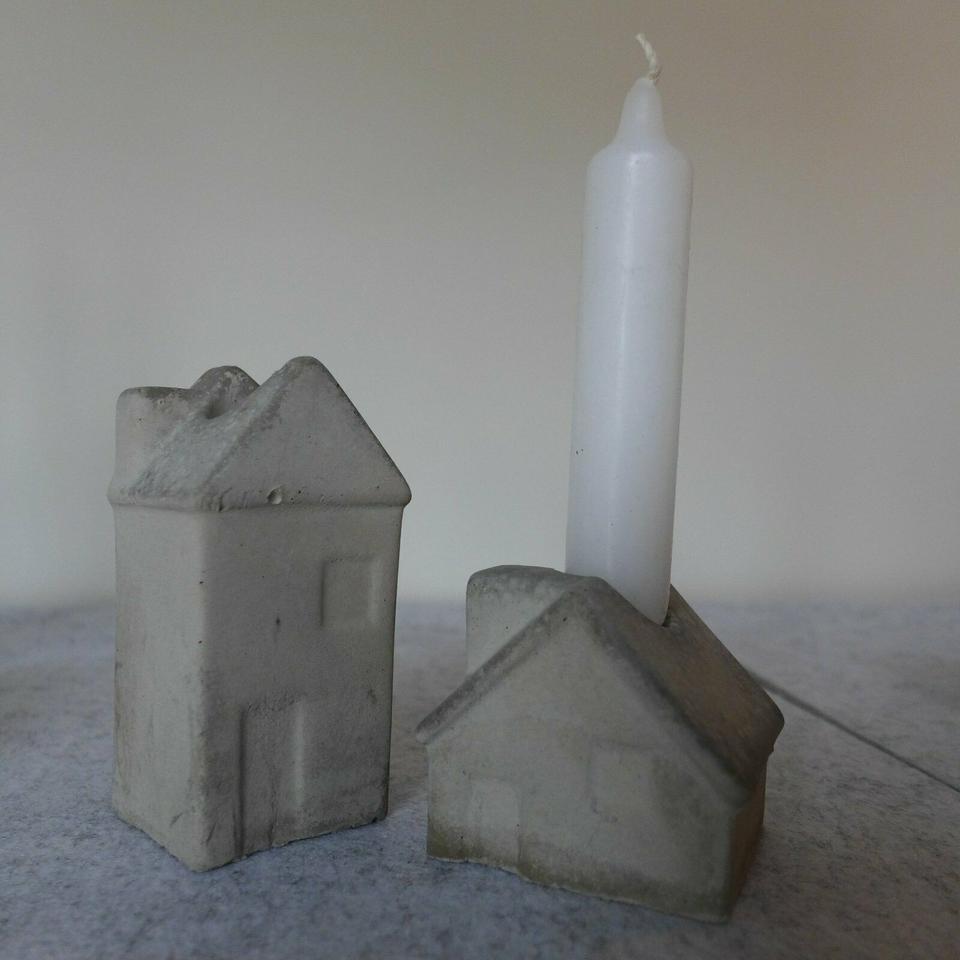 2-er Set Kerzenhalter, Betondeko, Beton-Häuser, Stabkerzenhalter in Waldkappel