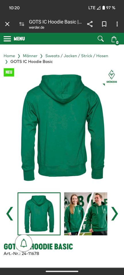 GOTS IC HOODIE BASIC, Werder Sweatshirt, grün, L in Langwedel