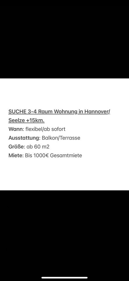 SUCHE 3/4-R.  Wohnung Hannover/Seelze mit Balkon zum 1.3. in Hannover