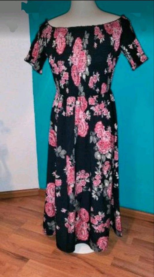 Midi Carmen Schulterfrei Kleid Schwarz Pink Blumen Größe 44 in Berlin