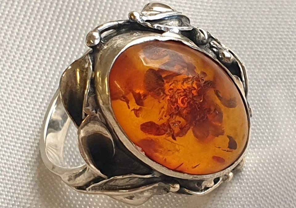 925 Silber Ring großer, echter Bernstein florale Elemente RG 56 in Bacharach