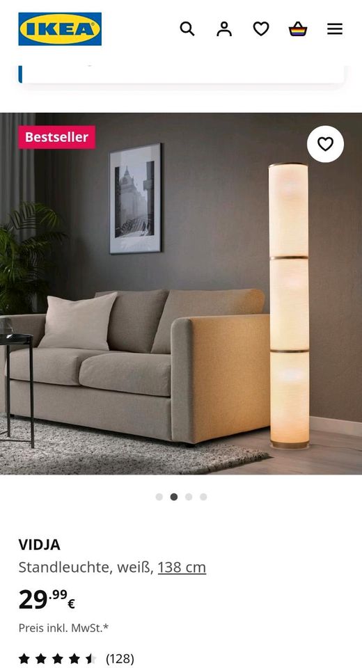 Ikea VIDJA Standleuchte (UVP 38,96€) + E14 Leuchtmittel in Moers