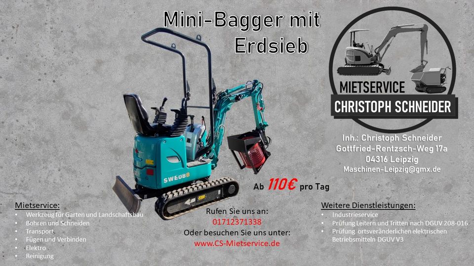 Minibagger Microbagger 1t zum Mieten in Leipzig
