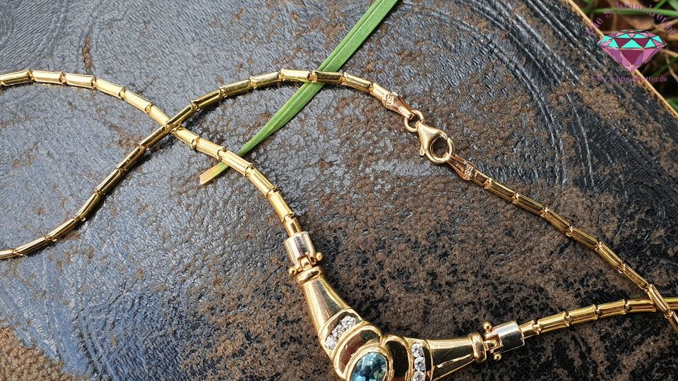 585 Gold Collier aus Italien - mit Blautopas und Zirkonia in Berlin