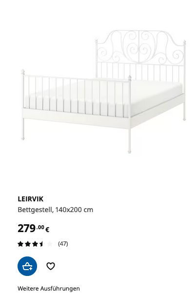 Ikea LEIRVIK Bett Bettgestell weiß, Metall,romantik,140x200 SASEL in Hamburg