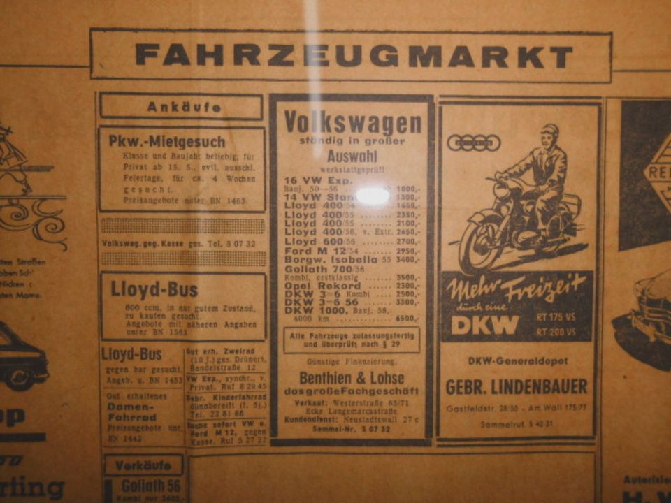 Alte Tageszeitung "Fahrzeugmarkt" von 1958 mit alten Autos in Delmenhorst